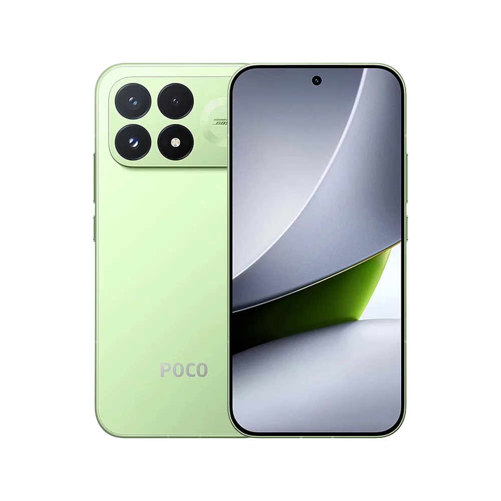 Xiaomi Poco F9 Pro yeşil telefonun ön ve arka yüzü, kamera detaylarıyla birlikte