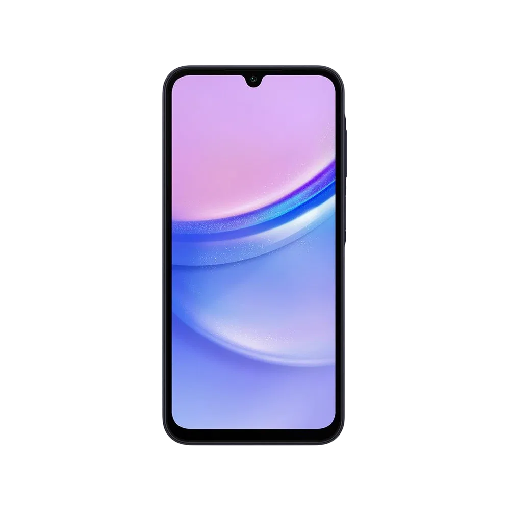 Samsung Galaxy A15 siyah akıllı telefon, ön yüz ve ekran tasarımı, damla çentikli tam ekran görünüm