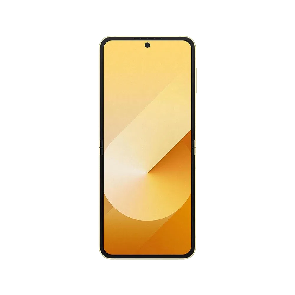 Sarı Samsung Galaxy Z Flip6 akıllı telefonun önden görünümü, ince çerçeveli ekran tasarımıyla sergileniyor