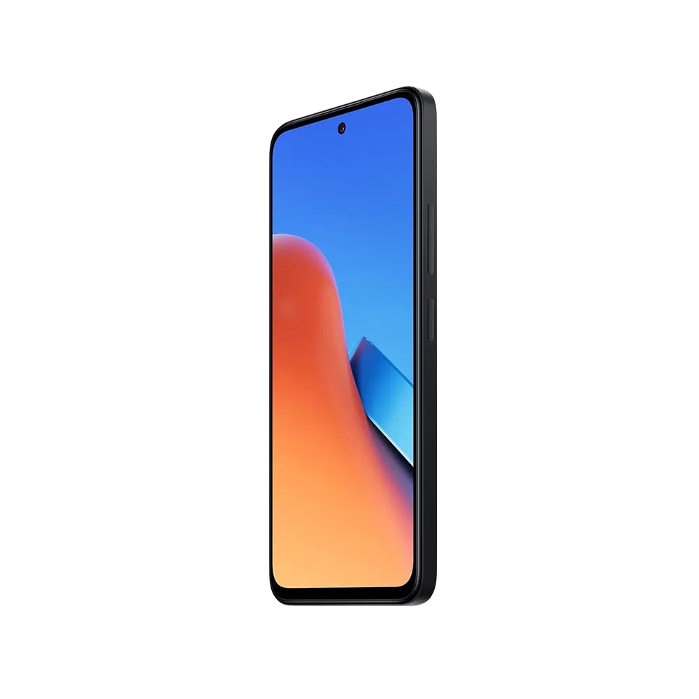 Xiaomi Redmi 12 siyah akıllı telefon, ince çerçeveli geniş ekran ve yan tuş detaylı ön görünüm