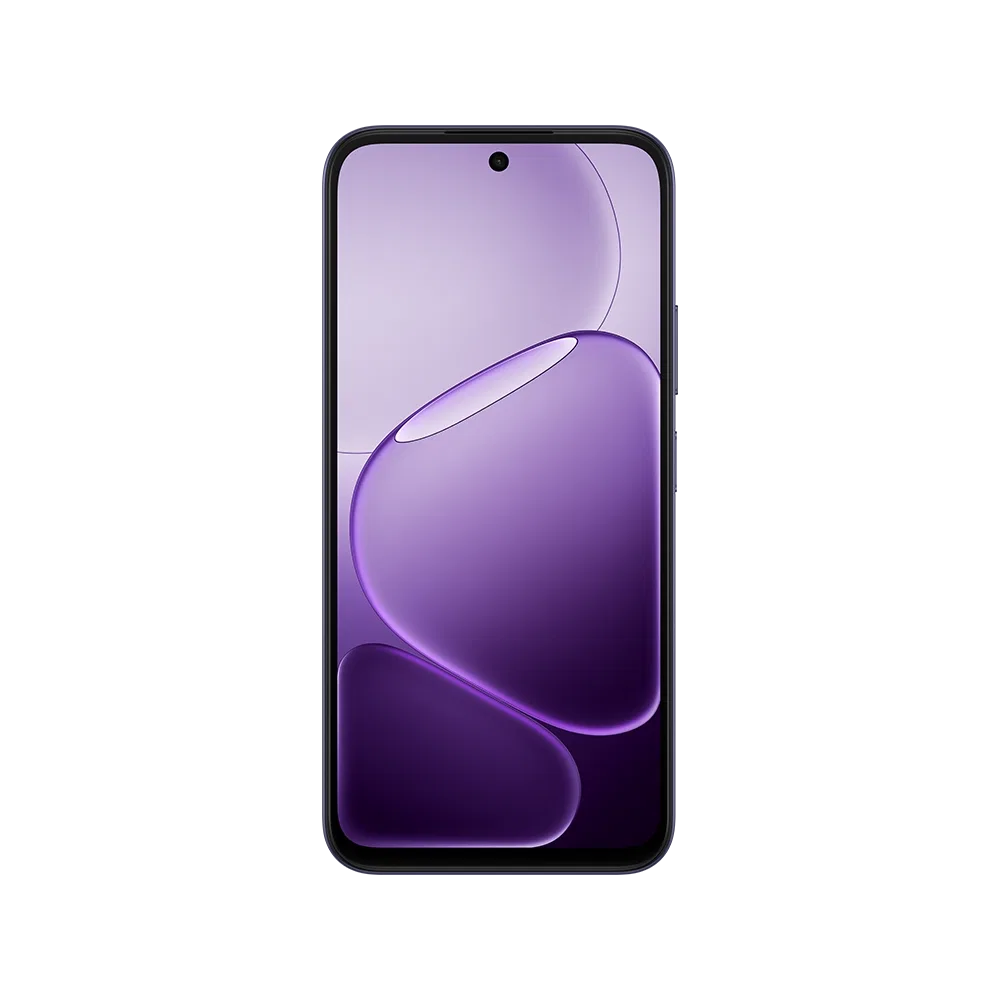 Mor renk Oppo A6T 5G akıllı telefonun önden görünümü, delikli ekran tasarımıyla birlikte