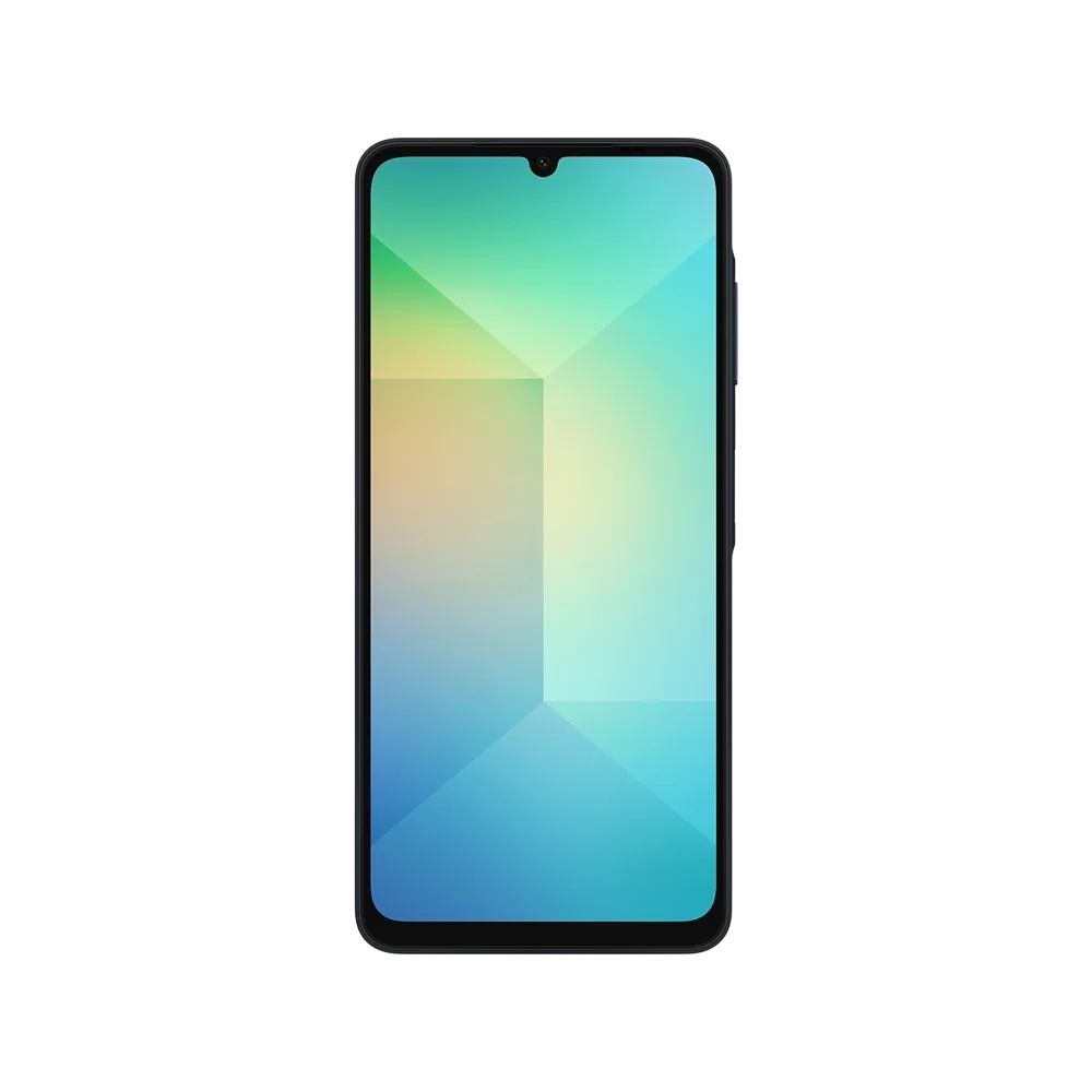 Samsung Galaxy A06 siyah akıllı telefon, önden görünüm, geniş ekran ve damla çentikli tasarım