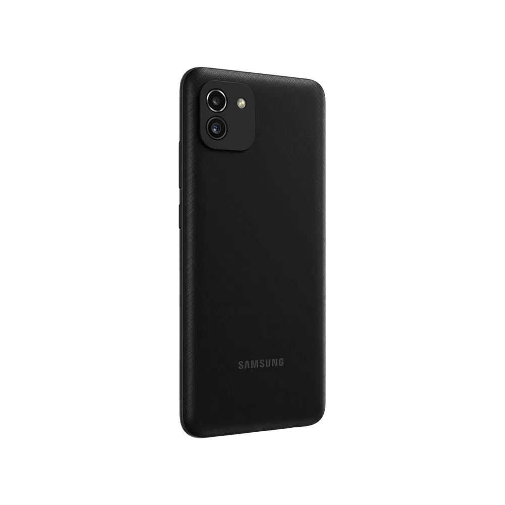 Siyah Samsung Galaxy A03 akıllı telefonun arka yüzü, çift kamera modülü ve Samsung logosu görünümü