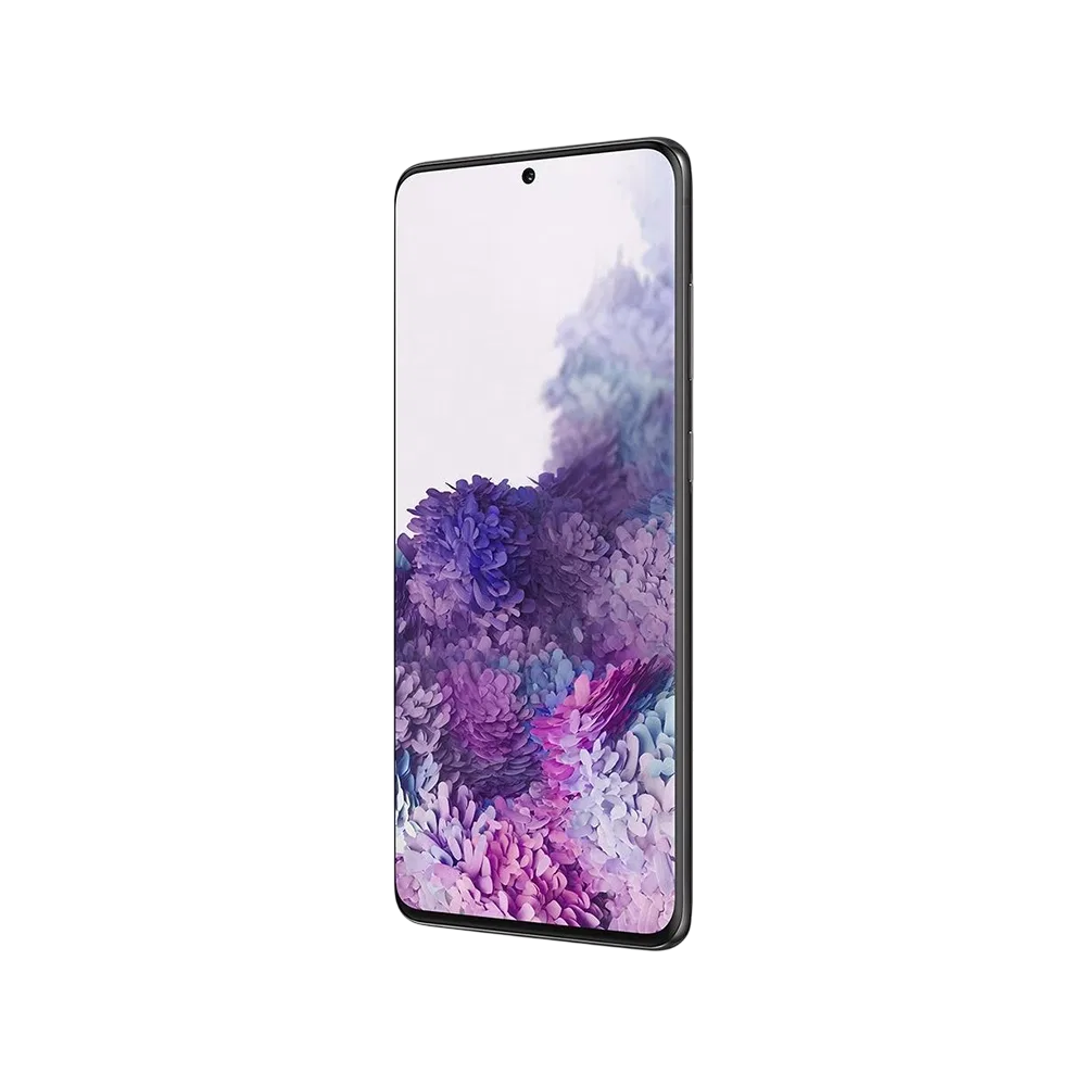 Siyah Samsung Galaxy S20 Plus akıllı telefon, ince çerçeveli büyük ekran ve merkez delikli ön kamera tasarımı