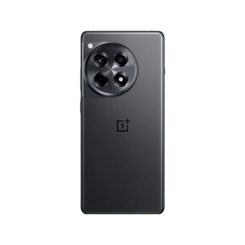 Gri renkli OnePlus 12r akıllı telefonun arka yüzeyi ve büyük dairesel çoklu kamera modülü