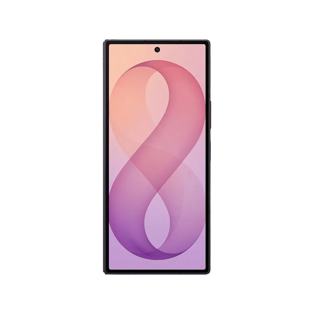Samsung Galaxy Z Fold8 Ultra mor akıllı telefon, katlanabilir ekran tasarımı ve renkli soyut arka planıyla önden görünüyor.