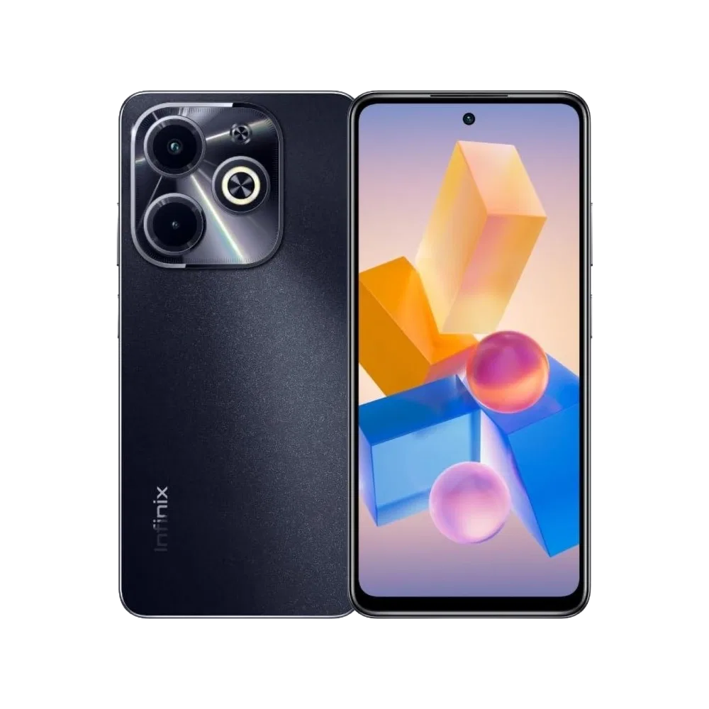 Siyah Infinix Hot 40i akıllı telefonun ön ve arka yüzü, ekran ve çift kamera modülüyle vitrin görünümü