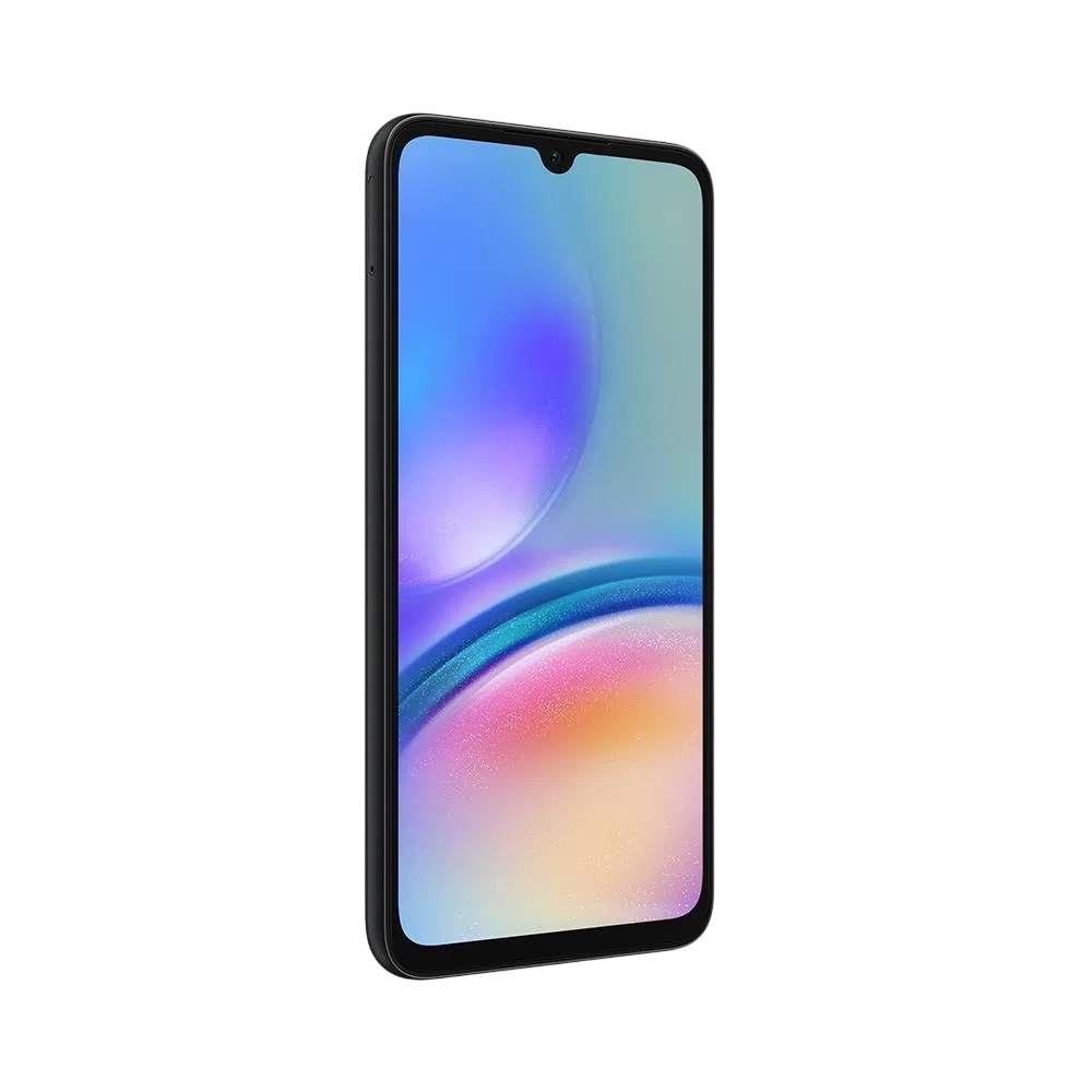 Siyah Samsung Galaxy A05s akıllı telefon, geniş ekran ve damla çentik tasarımıyla önden görünüm