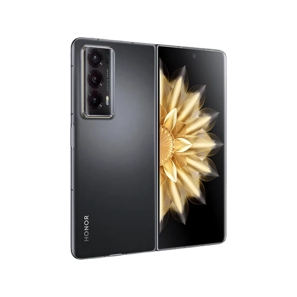 Siyah Honor Magic V2 katlanabilir akıllı telefonun açık ve kapalı ekran görünümü