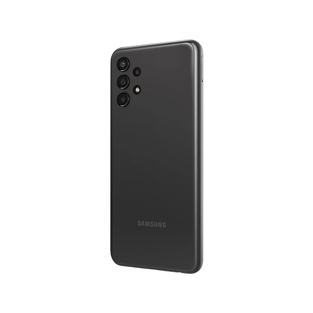 Siyah Samsung Galaxy A13 akıllı telefonun arka yüzü, çoklu kamera modülü ve LED flaş detayıyla görünüm