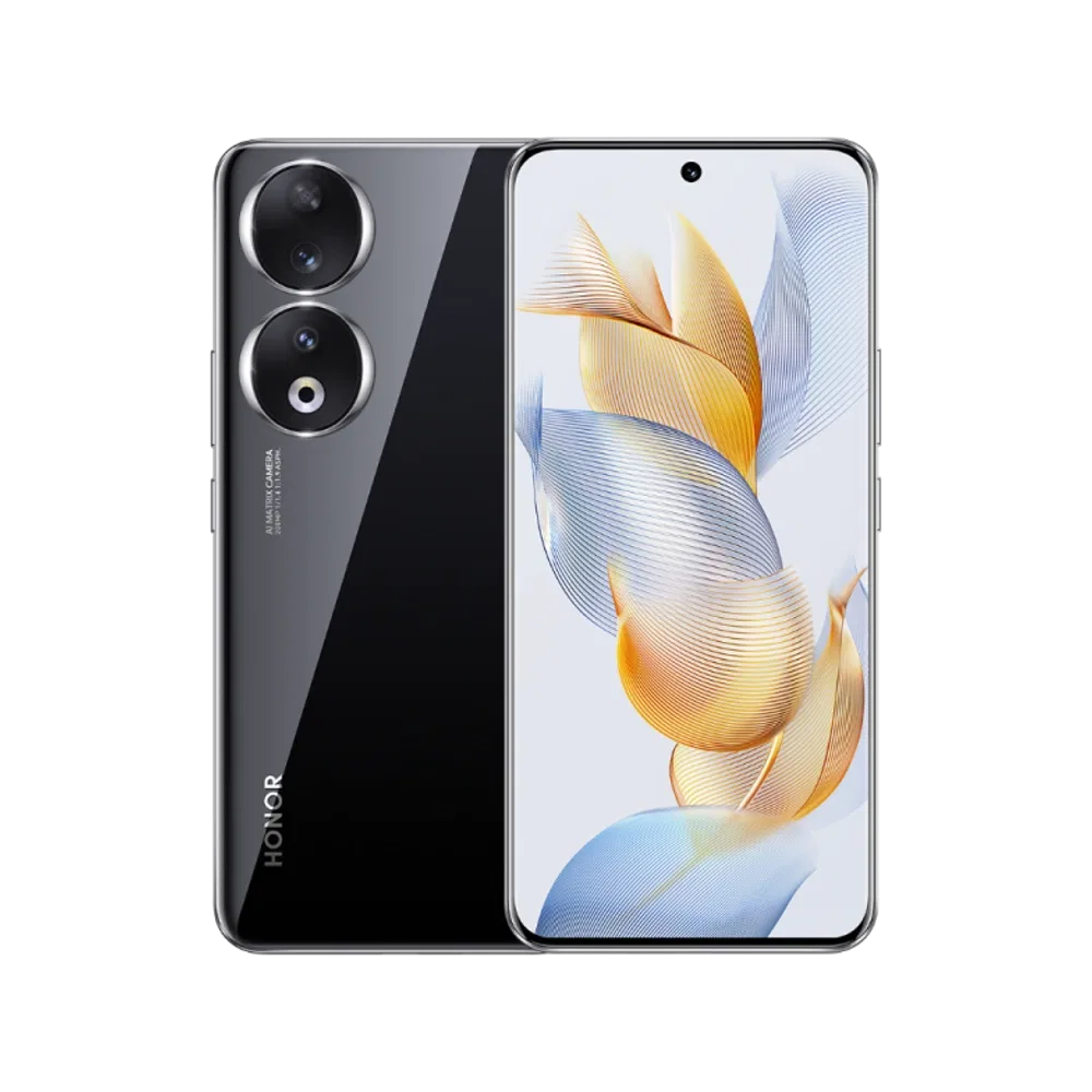 Siyah Honor 90 akıllı telefonun ön ve arka yüzü, canlı ekranı ve çift kamera tasarımı görülüyor