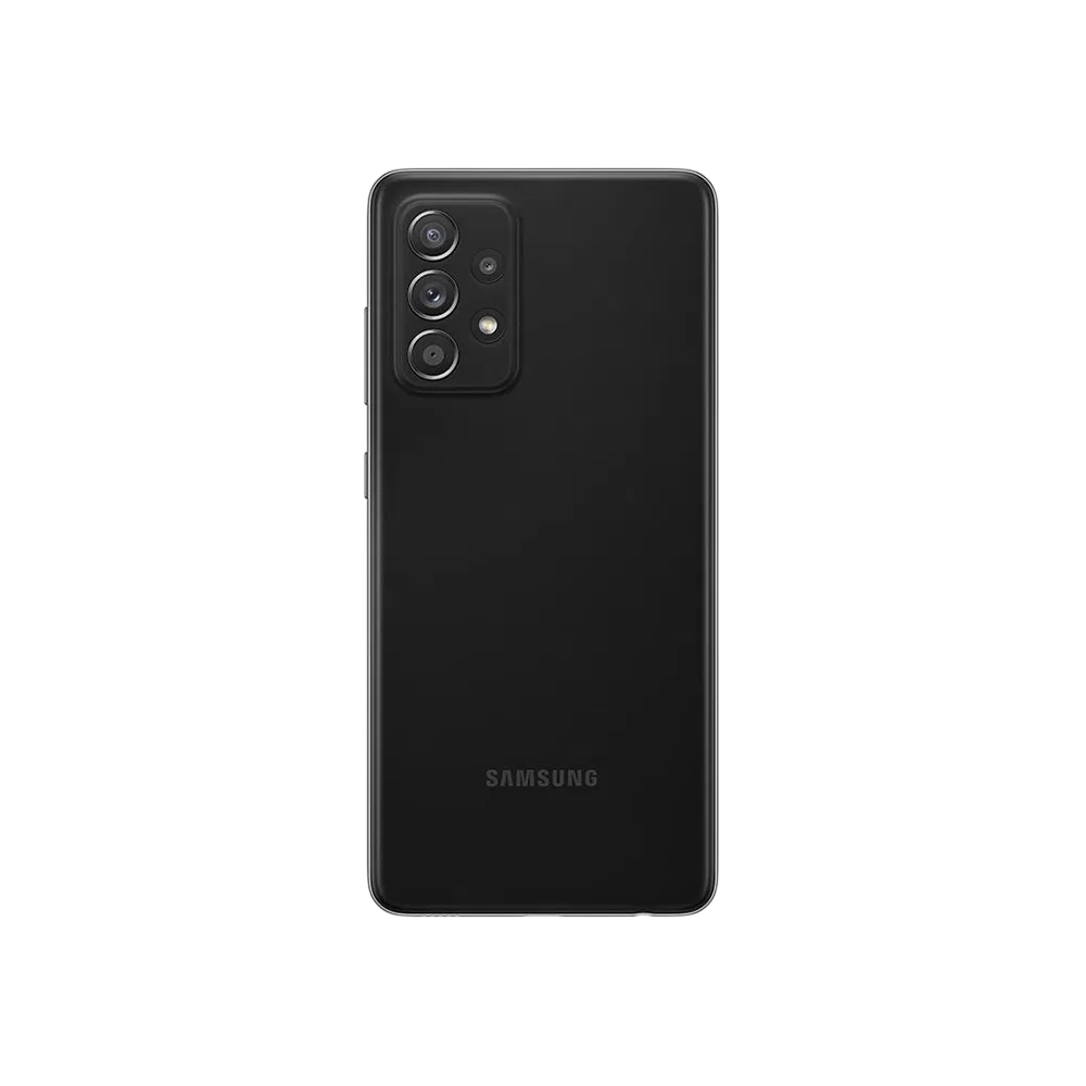 Samsung Galaxy A52s siyah akıllı telefonun arka yüzü, dörtlü kamera modülü ve LED flaş detayı