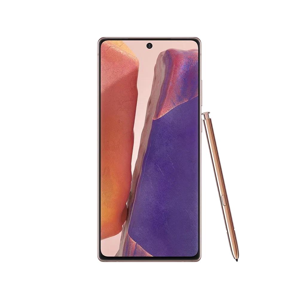 Samsung Galaxy Note 20 bakır akıllı telefon, ön ekran görünümü ve yanında S Pen kalemle birlikte