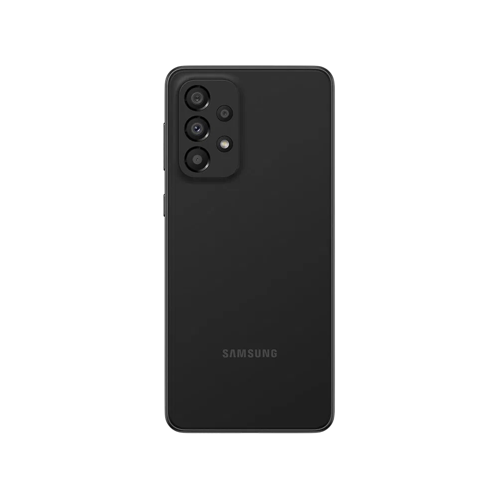 Siyah Samsung Galaxy A33 akıllı telefonun arka yüzü, dört kamera modülü ve LED flaş detayı