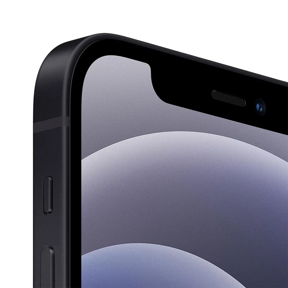 Siyah Apple iPhone 12 Mini akıllı telefonun ön yüzü, ekran çentiği ve yan tuş detaylı yakın çekim