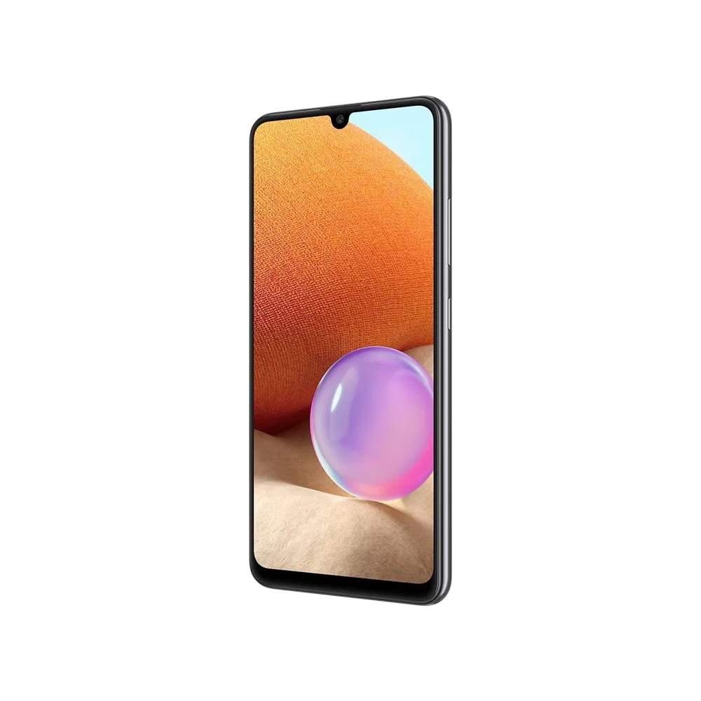 Samsung Galaxy A32 siyah akıllı telefon, ince çerçeveli ekran ve ön kamera çentiğiyle önden görünüm