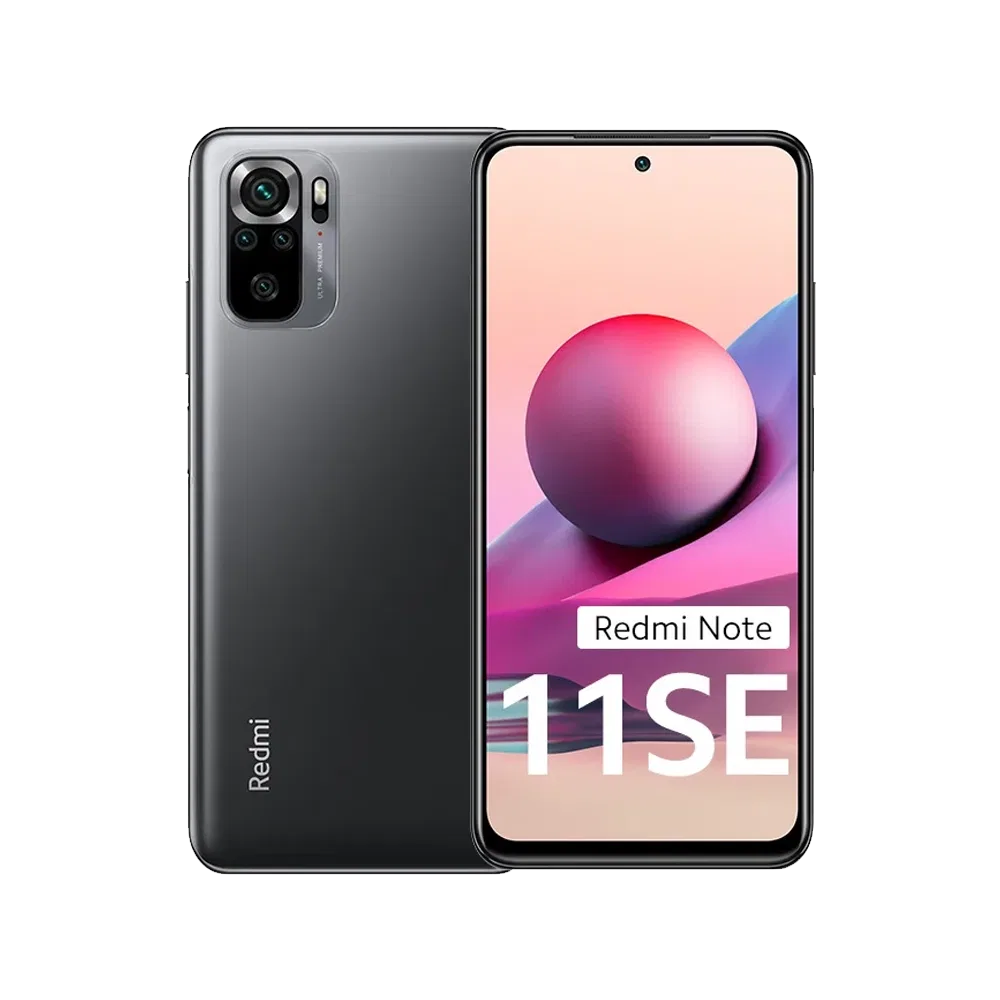 Xiaomi Redmi Note 11 SE siyah akıllı telefon, ön ekran ve arka kamera modülü görünümü, vitrin çekimi
