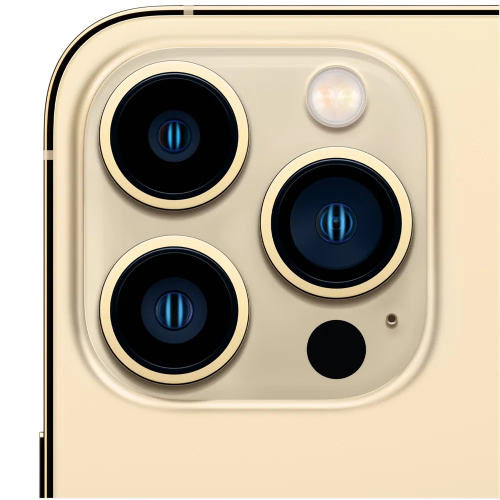 Apple iPhone 13 Pro Max altın renk akıllı telefonun üçlü arka kamera ve flaş detayının yakın planı