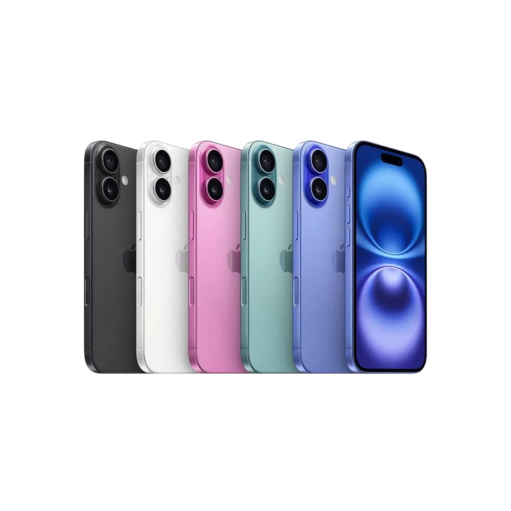 Apple iPhone 16 Plus mavi akıllı telefon, çift kamera ve geniş ekran tasarımıyla önden ve arkadan görünüm