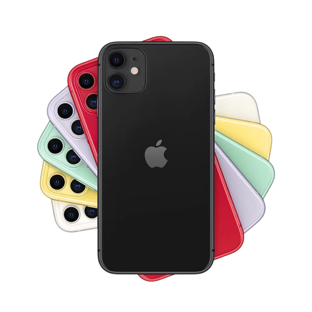 Apple iPhone 11 siyah akıllı telefon, arka yüz ve çift kamera tasarımı; farklı renk seçenekleriyle birlikte