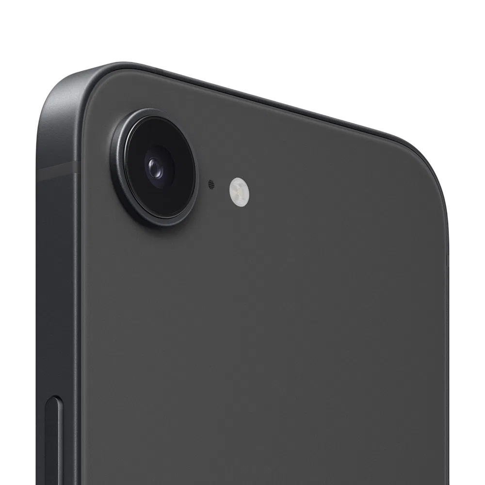 Apple iPhone 16e siyah akıllı telefonun arka yüzü, tek kamera ve flaş detayı yakın plan görüntü