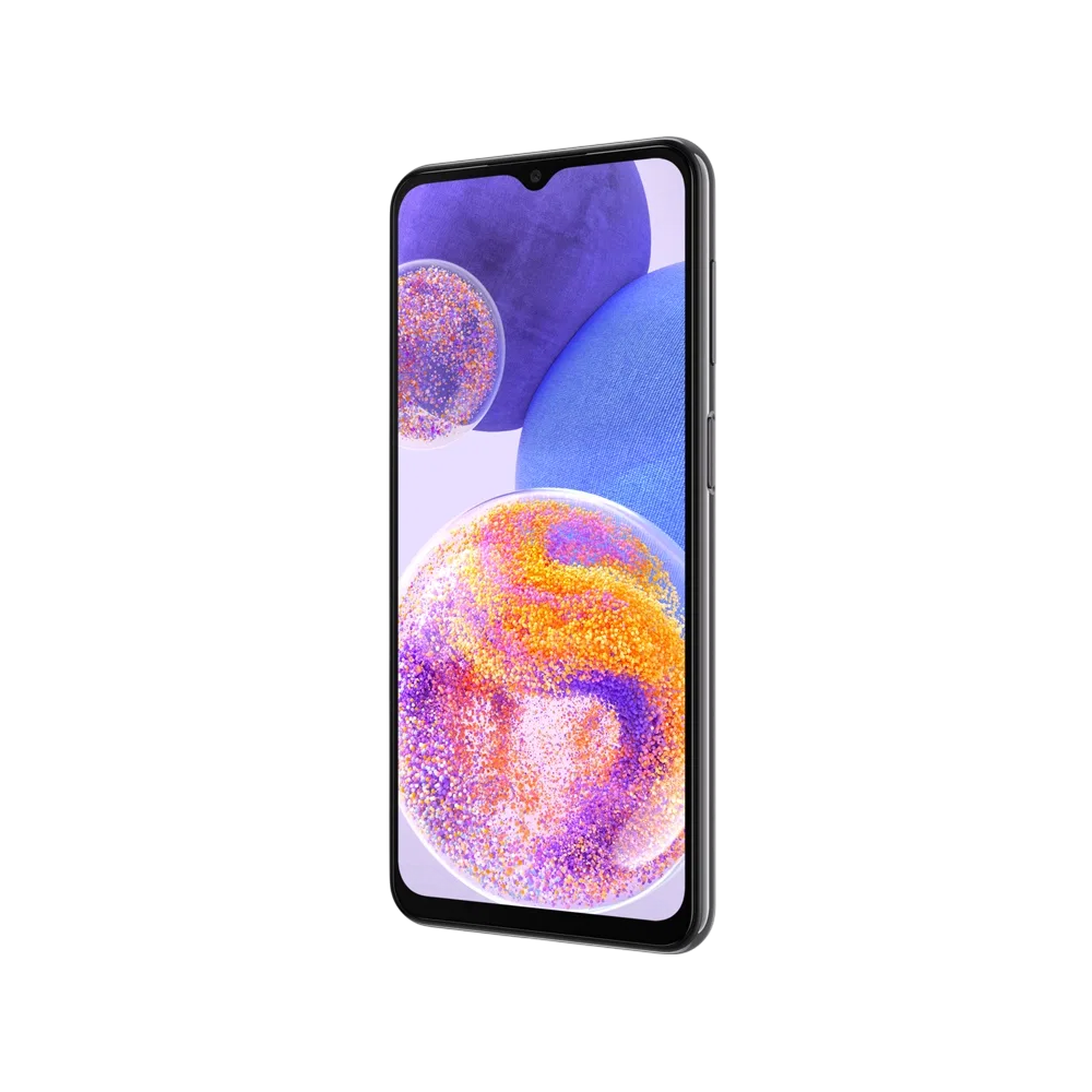 Samsung Galaxy A23 siyah akıllı telefon, önden görünüm, geniş ekran ve ince çerçeve tasarımı