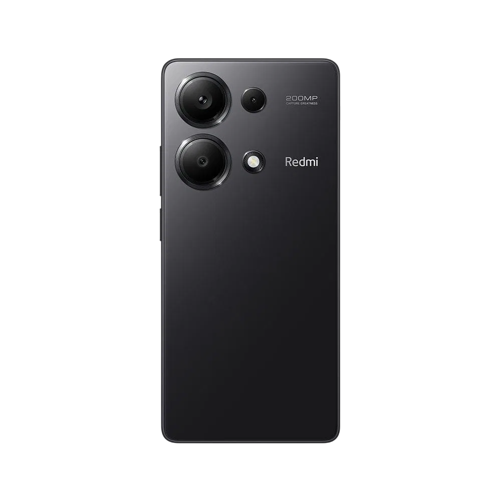 Xiaomi Redmi Note 13 Pro 4G siyah akıllı telefonun arka yüzü, üçlü kamera modülü ve flaş detayı