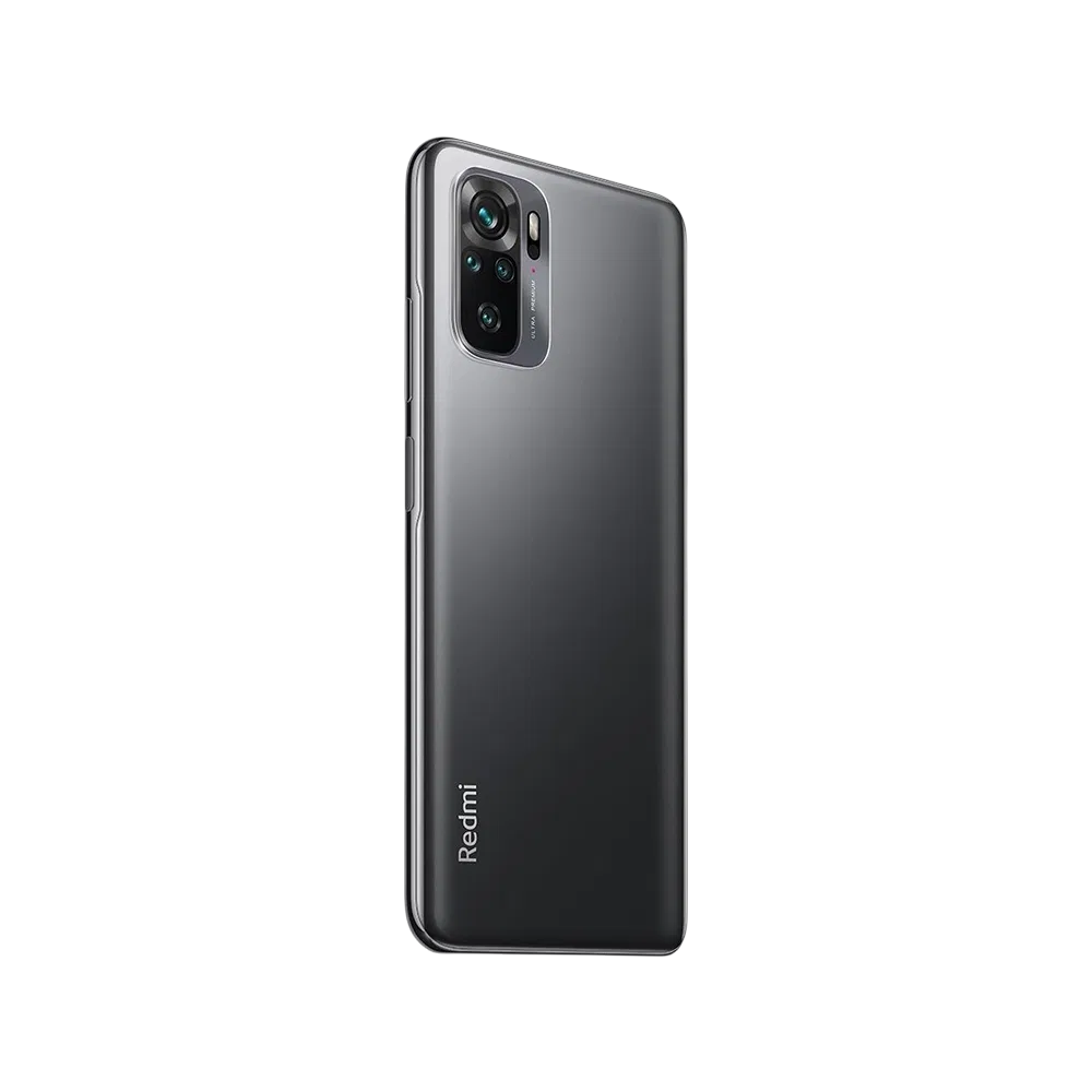 Xiaomi Redmi Note 10 5G siyah akıllı telefonun arka yüzü, dörtlü kamera modülüyle eğik açıdan görünüm