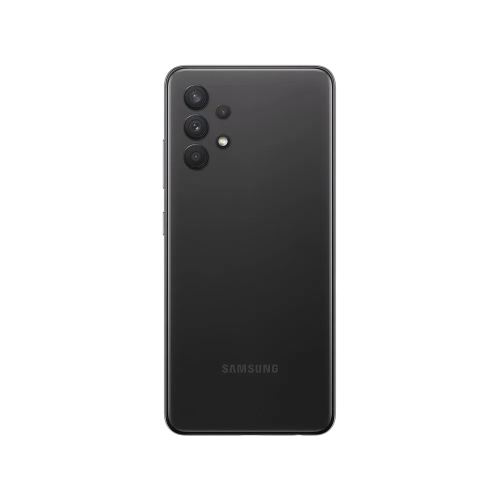 Samsung Galaxy A32 siyah akıllı telefonun arka yüzü, üçlü kamera ve LED flaş detayıyla görünüyor