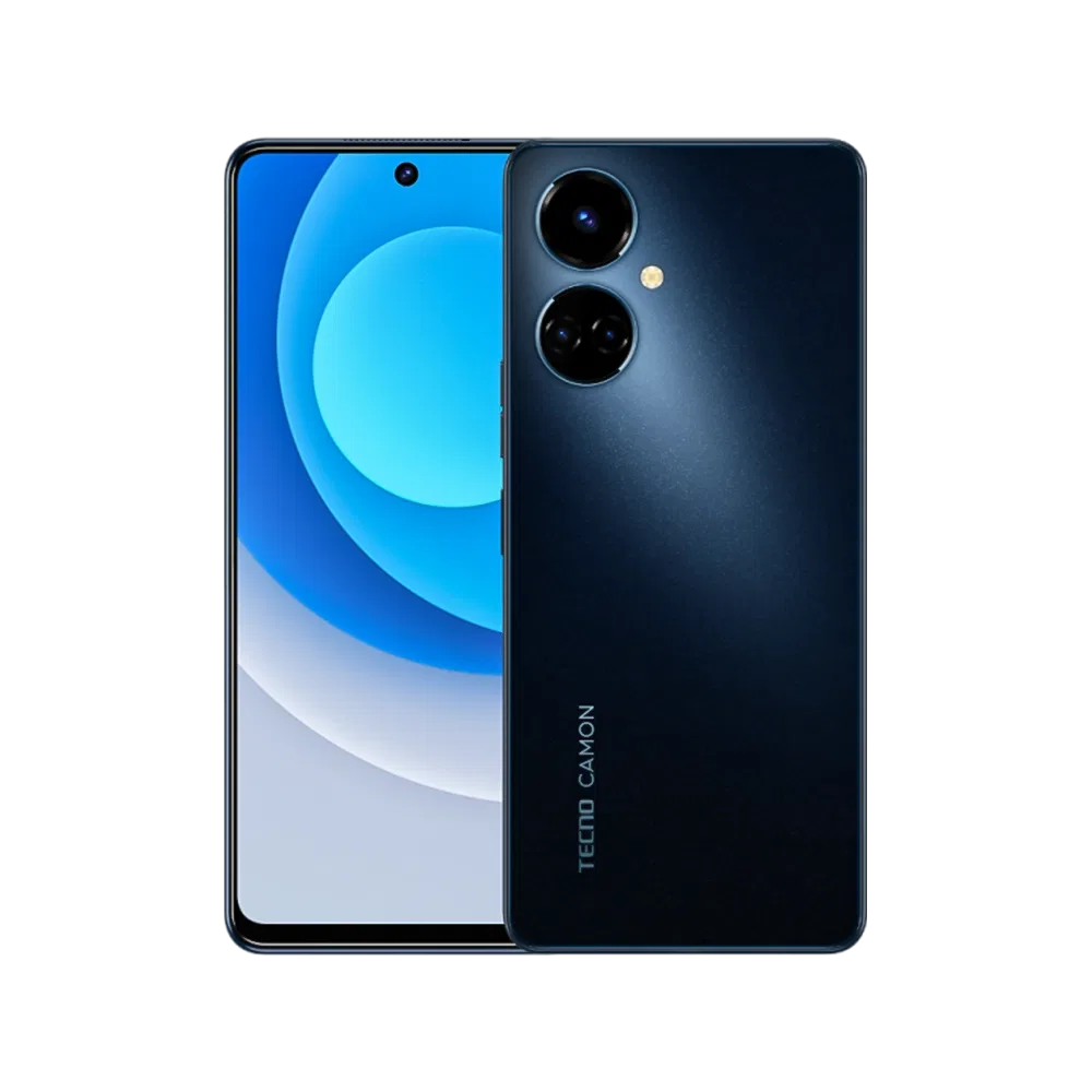Tecno Camon 19 siyah akıllı telefon, vitrin çekiminde ön ekran ve çift kamera tasarımlı arka yüz görünümü