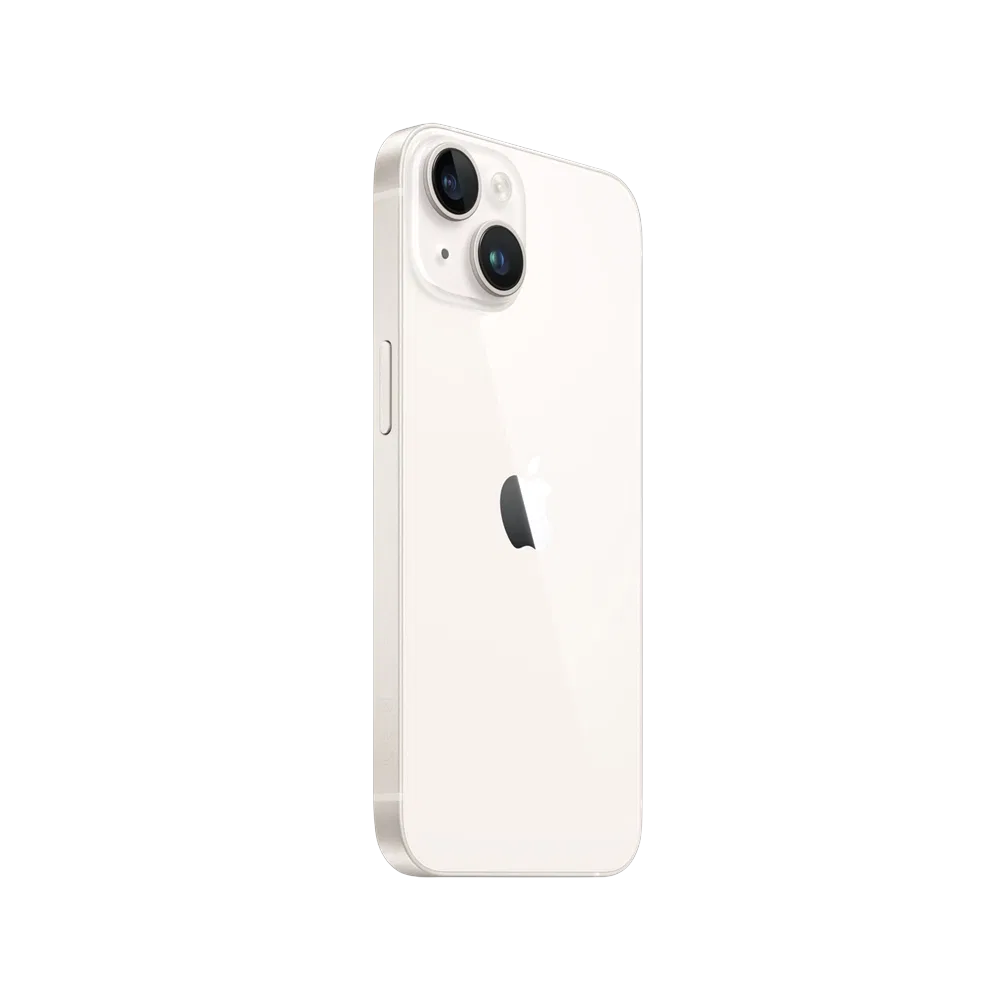 Apple iPhone 14 Plus beyaz akıllı telefon, arka yüzey ve çift kamera modülü yandan açıyla görünüm