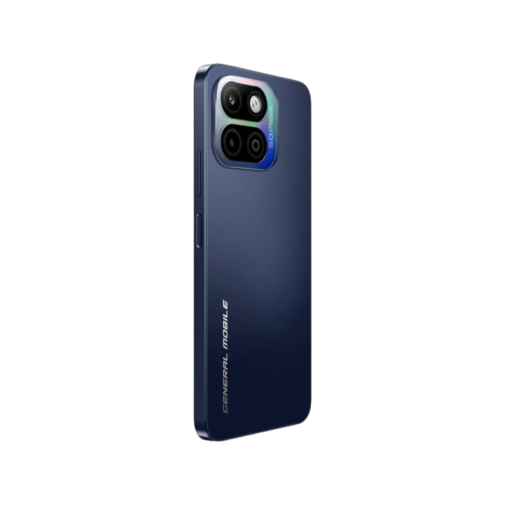 General Mobile GM 26 One 5G lacivert telefonun arka yüzü ve üçlü kamera tasarımı görünüyor