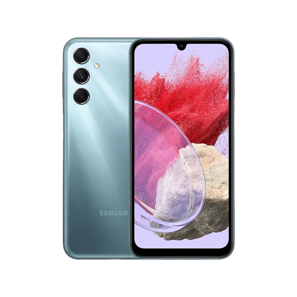 Mavi Samsung M34 5G akıllı telefonun ön ve arka yüzü, üçlü kamera sistemi ve renkli ekranı