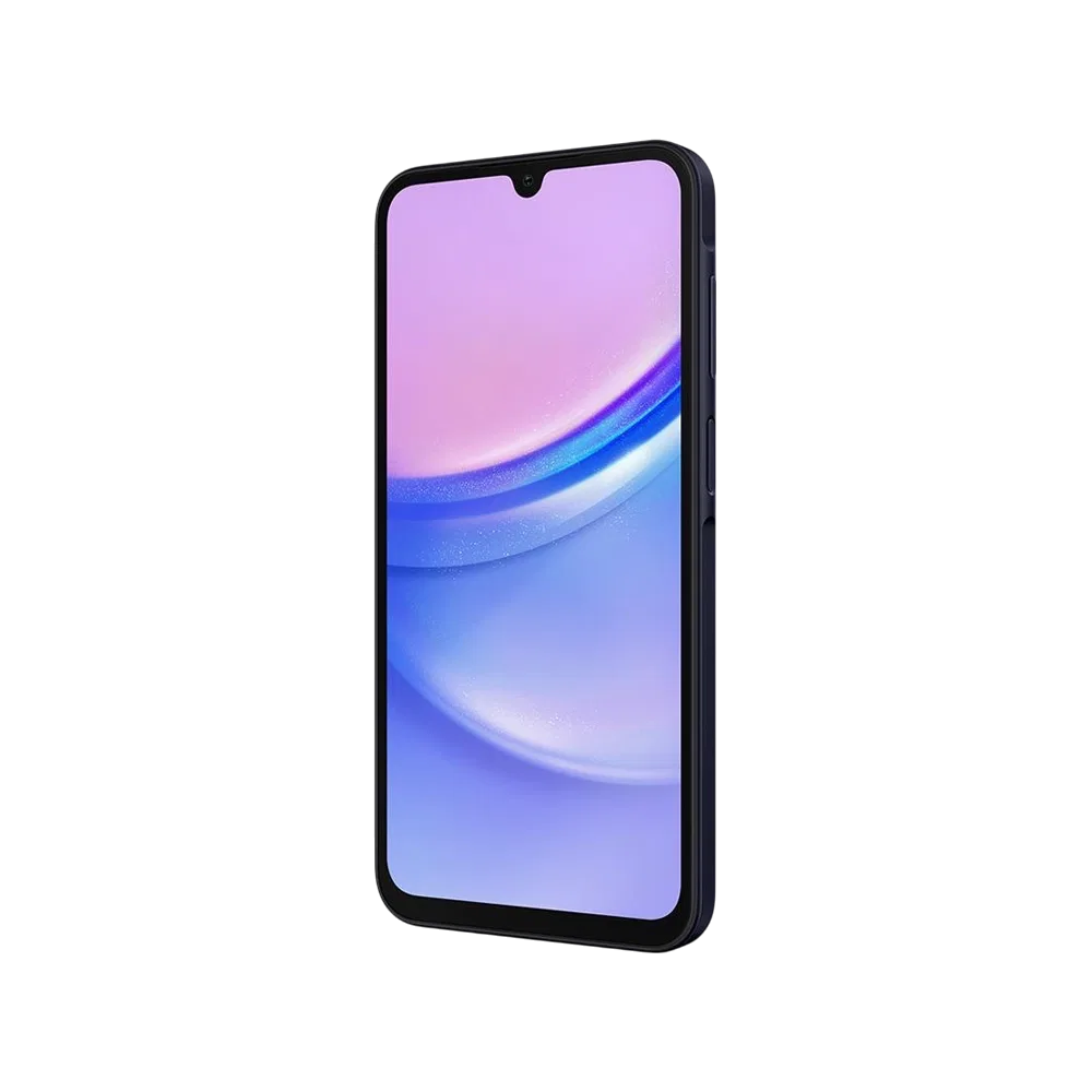Samsung Galaxy A15 siyah akıllı telefon, önden görünüm, damla çentikli geniş ekran ve ince çerçeve