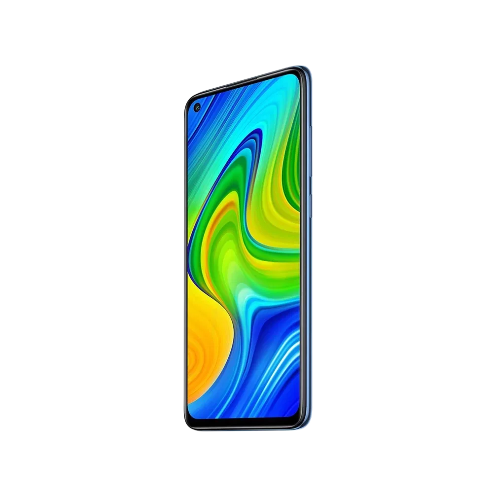 Xiaomi Redmi Note 9 mavi akıllı telefon, ön yüz ve tam ekran tasarımıyla renkli ekran görüntüsüyle gösteriliyor