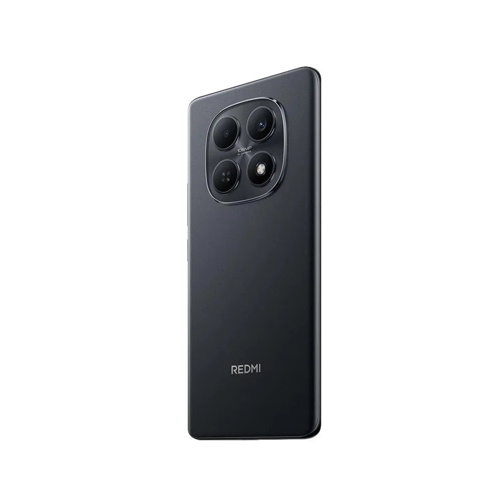 Xiaomi Redmi Note 15 siyah akıllı telefon, arka yüz ve dörtlü kamera modülü yakın görünüm