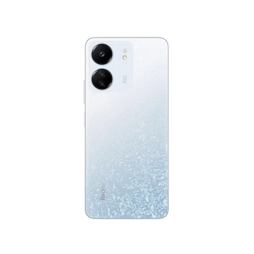 Xiaomi Redmi 13C beyaz akıllı telefon, arka yüzey görünümü ve çift kamera modülüyle minimalist tasarım