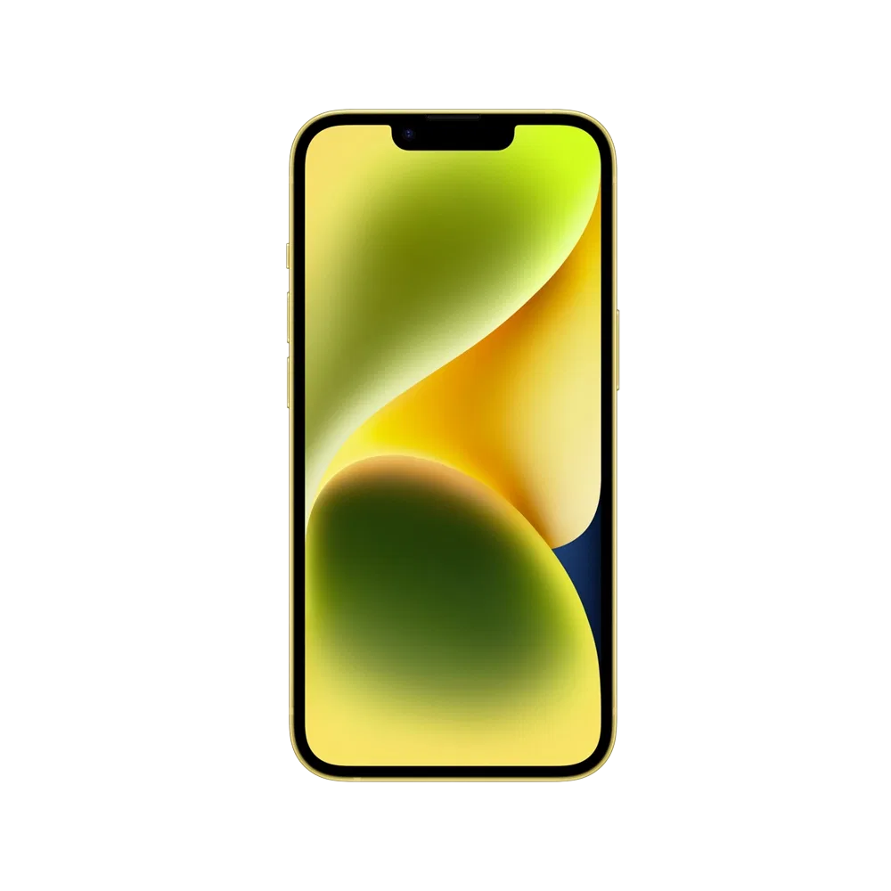 Apple iPhone 14 sarı akıllı telefon, önden görünüm, çentikli ekran ve sarı çerçeve tasarımı
