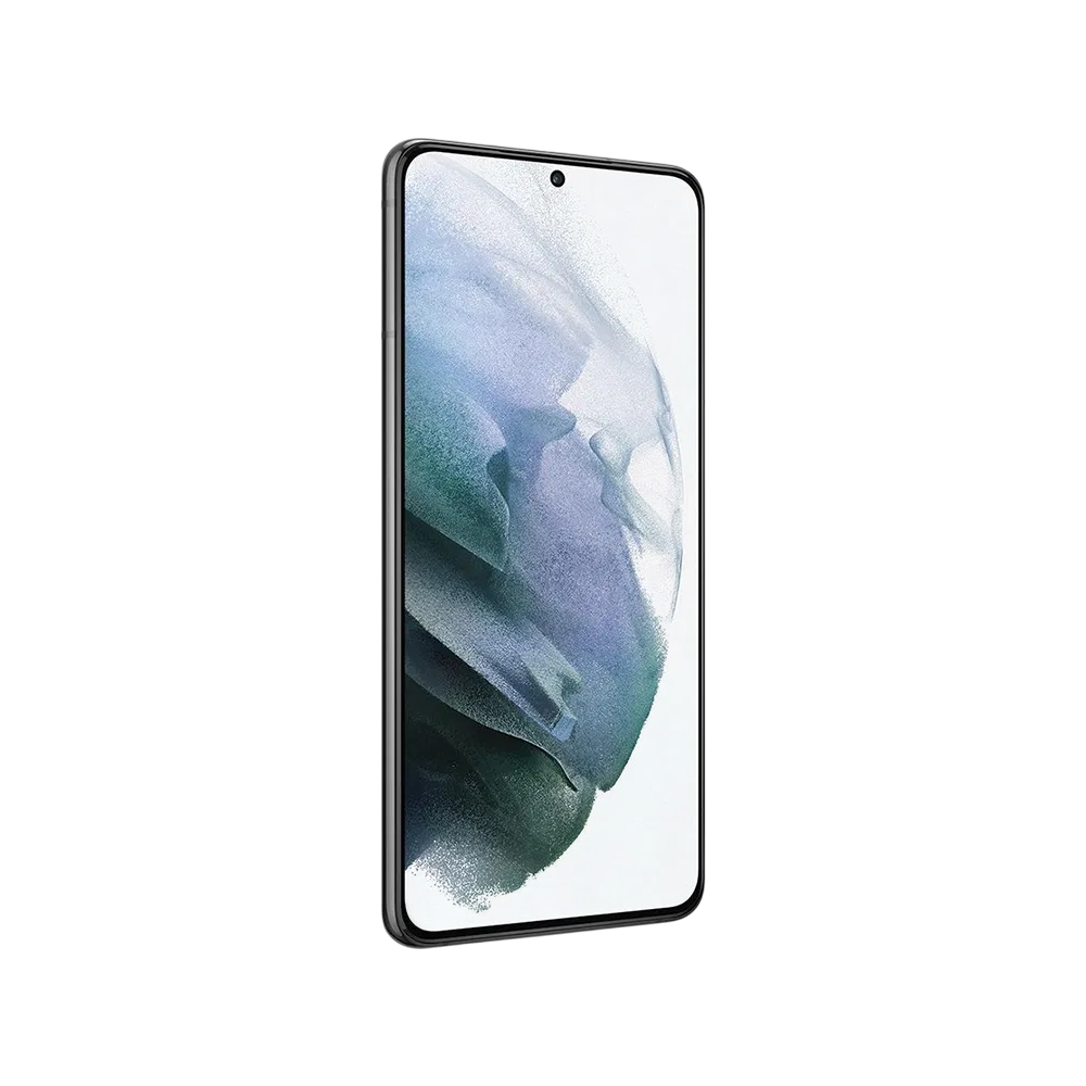 Samsung Galaxy S21 Plus siyah akıllı telefon, ince çerçeveli ekran ve ön kamera detayıyla önden görünüm