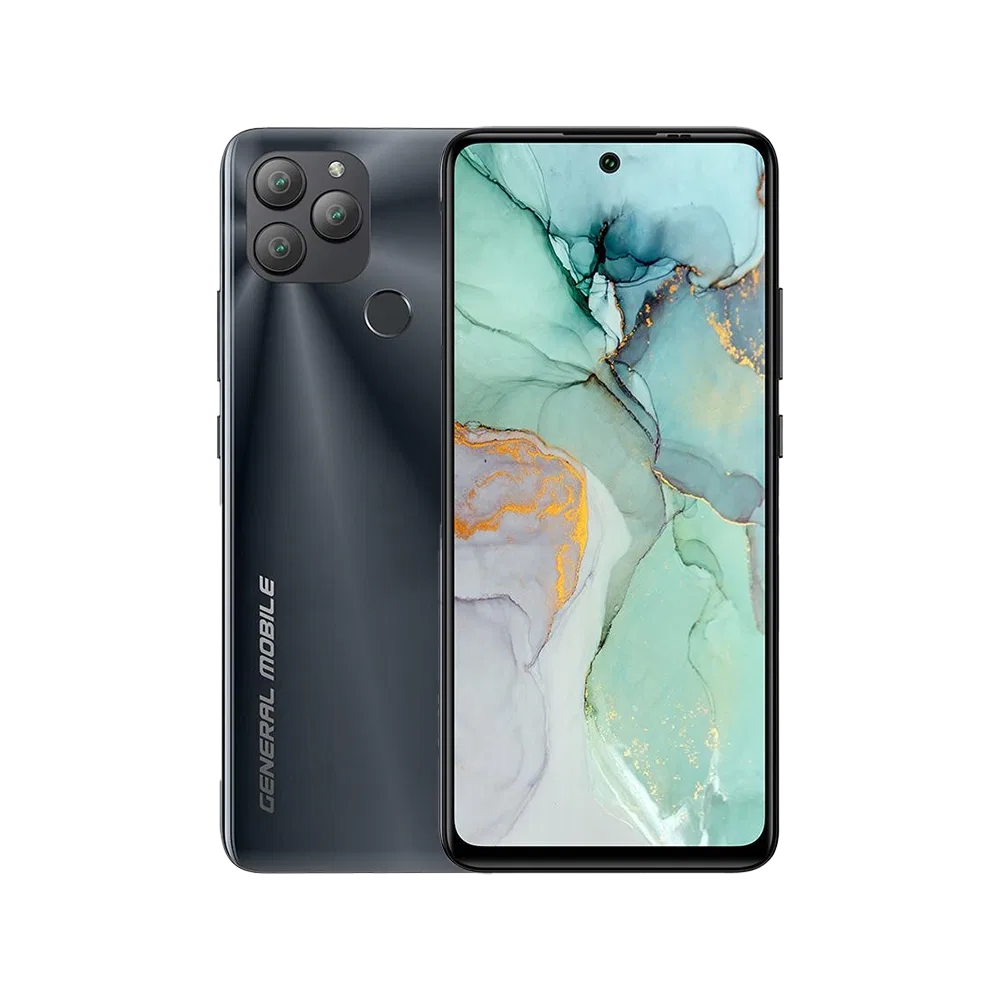 General Mobile GM 22 Plus siyah akıllı telefon, ön ekran ve üçlü arka kamera tasarımıyla vitrin görünümü
