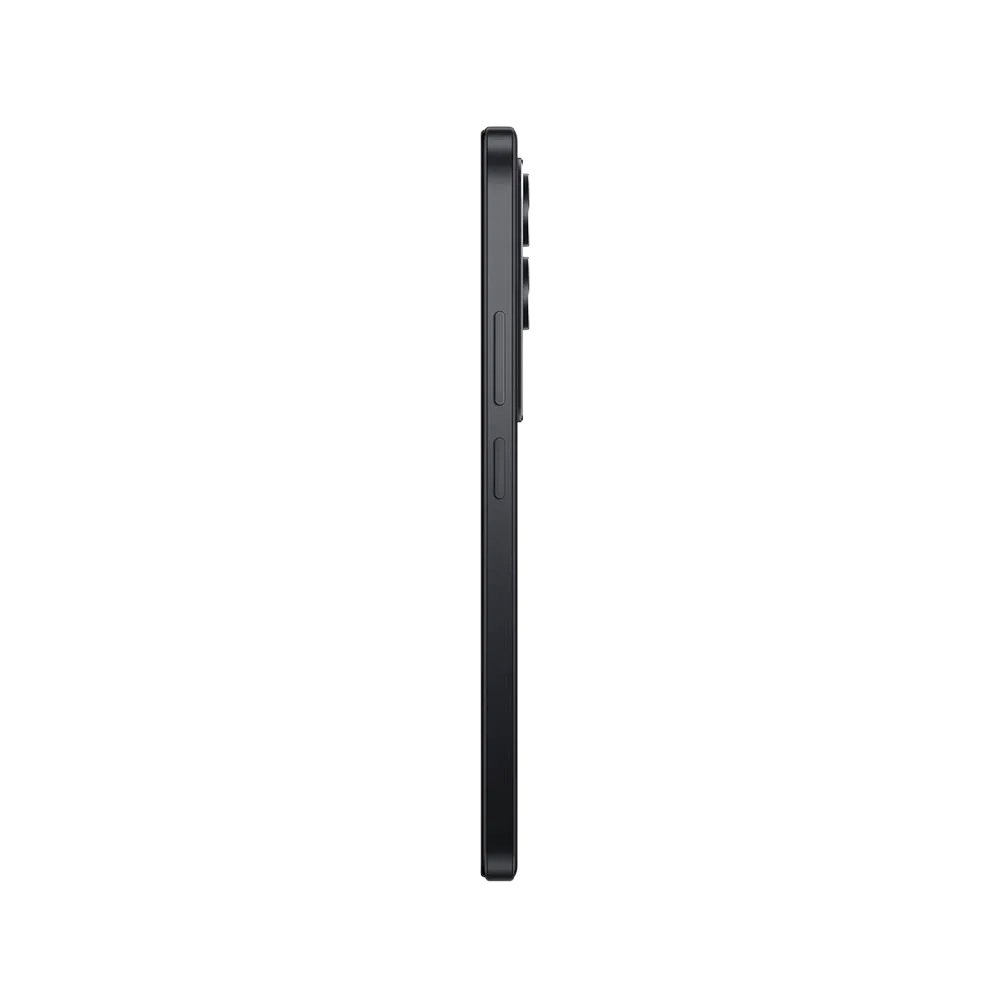 Xiaomi Redmi 15 siyah akıllı telefonun yandan görünümü, ince çerçeve ve yan tuş detayları