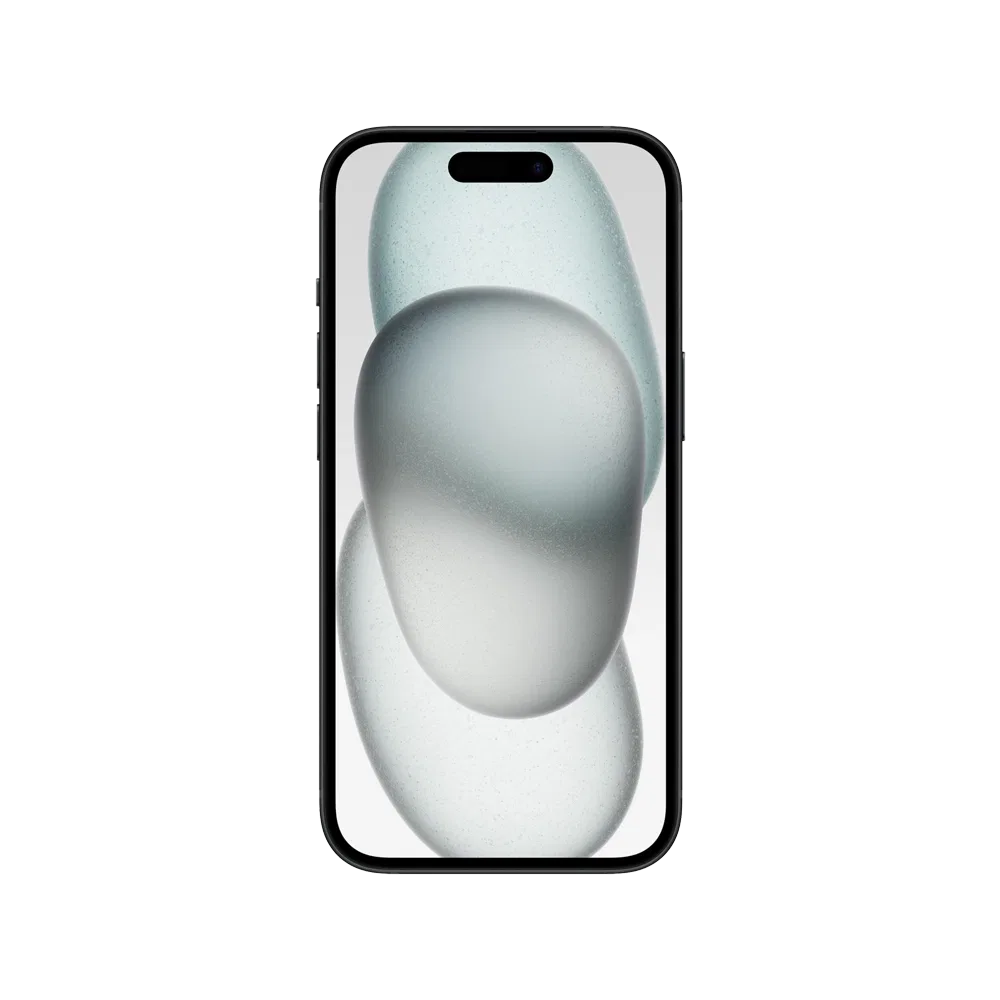 Siyah Apple iPhone 15 akıllı telefon, önden görünüm; ince çerçeve ve Dynamic Island ekran tasarımı