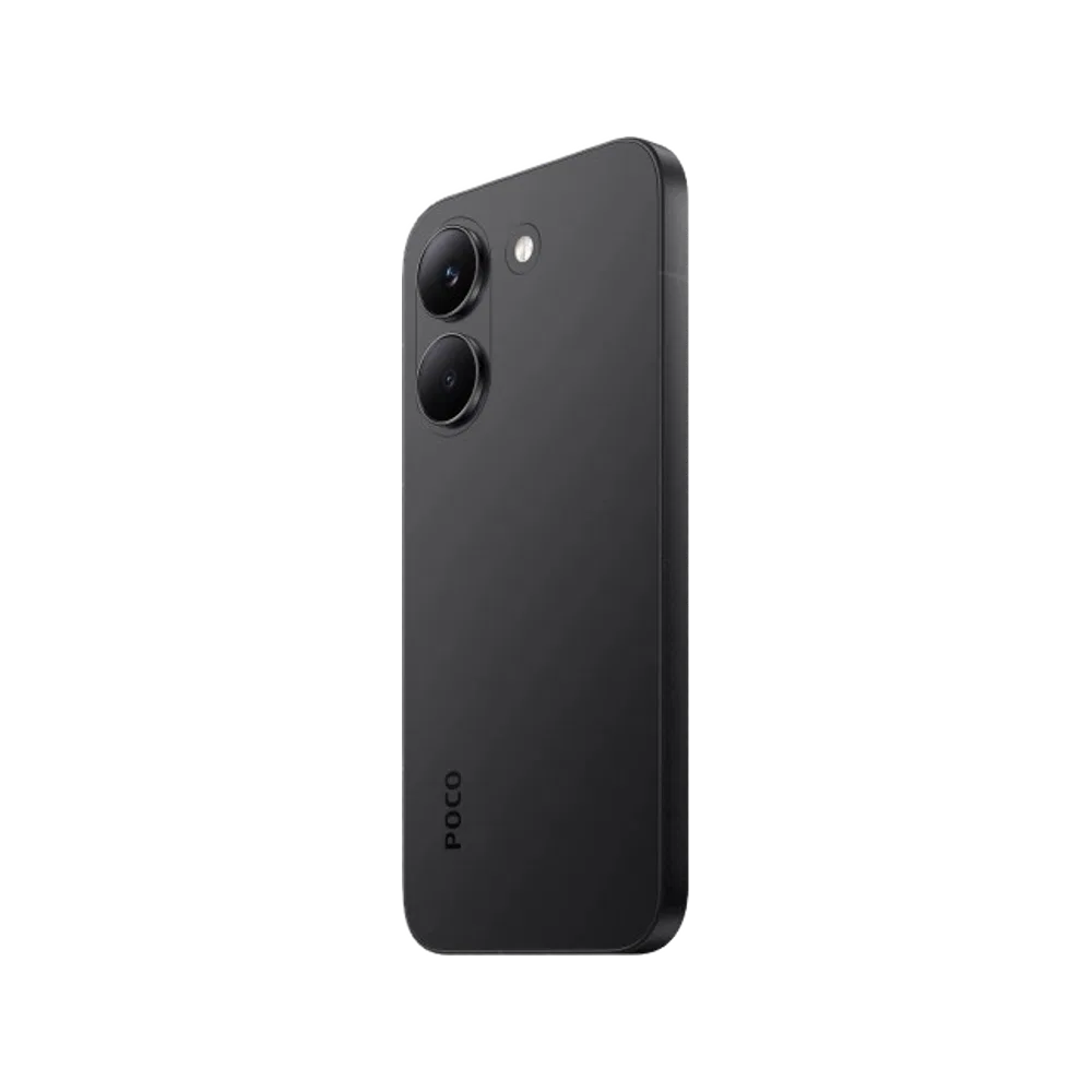 Siyah Poco X8 Pro akıllı telefonun arka yüzeyi, çift kamera ve düz kenarlı şık tasarımıyla yandan görünüm