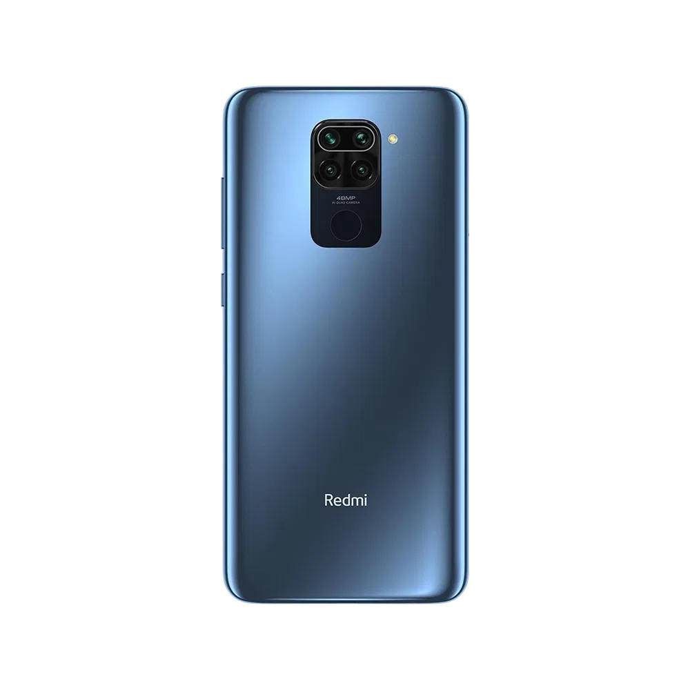 Xiaomi Redmi Note 9 mavi akıllı telefonun arka yüzü, dörtlü kamera modülü ve parmak izi okuyucu detayı