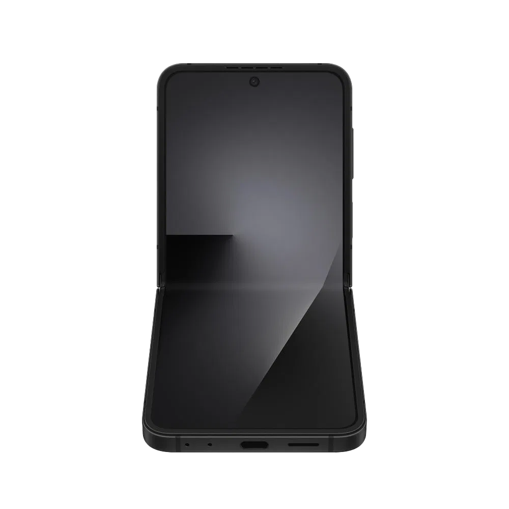 Samsung Galaxy Z Flip7 FE siyah akıllı telefon, açık katlanmış halde önden görünüm ve geniş ekran tasarımı