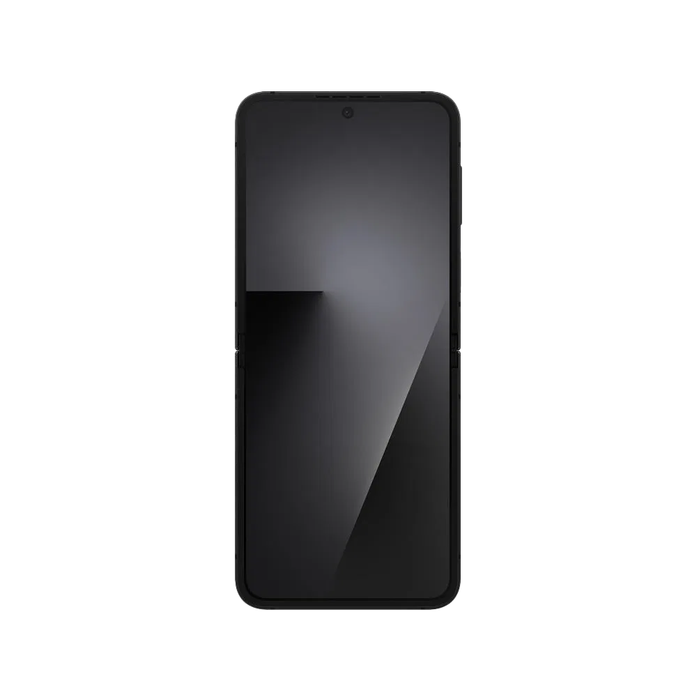 Siyah Samsung Galaxy Z Flip7 FE akıllı telefonun önden görünümü, tam ekran tasarım ve ince çerçeve