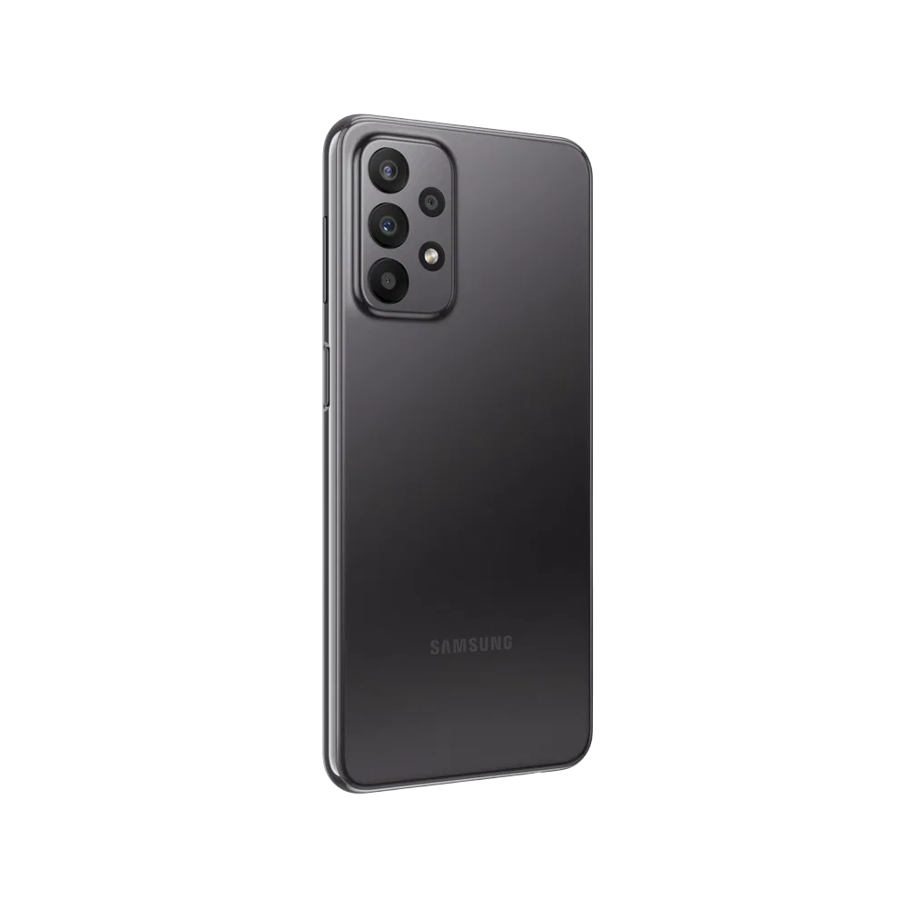 Samsung Galaxy A23 siyah akıllı telefon, arka yüz ve çoklu kamera modülü detaylı görünüm