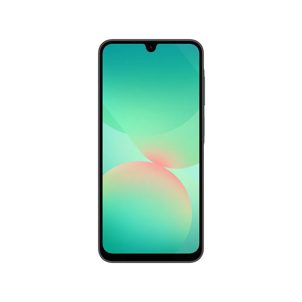 Samsung Galaxy A26 siyah akıllı telefon, önden görünüm, damla çentikli geniş ekran ve ince çerçeve