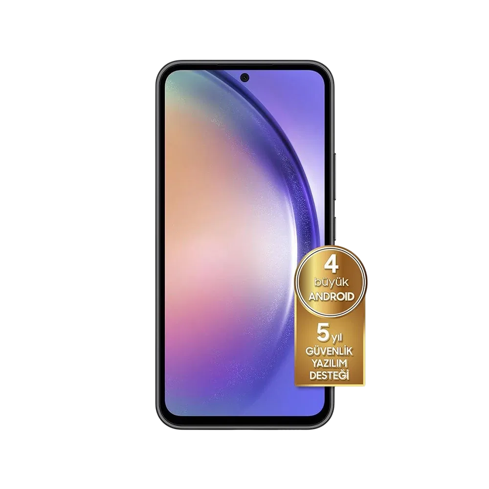 Siyah Samsung Galaxy A54 akıllı telefonun önden görünümü, ekranda 4 büyük Android ve 5 yıl güvenlik desteği rozeti