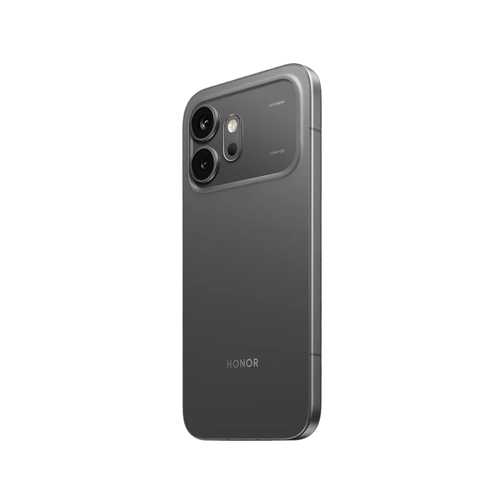 Siyah Honor 600 akıllı telefonun arka yüzeyi, çift kamera modülü ve ince çerçeveli şık tasarımı